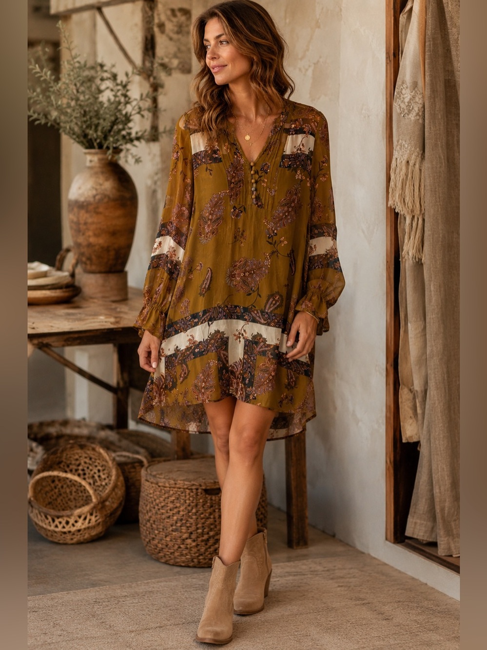 CREAM Sheer Chiffon Boho Tunic Dress Paisley Romantic Style S/M